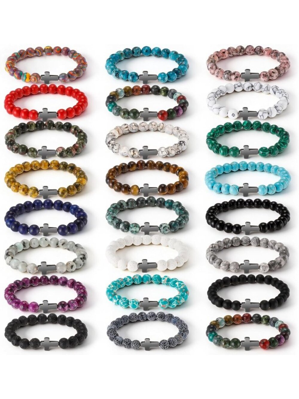 24 Pcs Cross Beaded Bracelets Set, 8mm Christian Stone Jewelry for Faith & Style